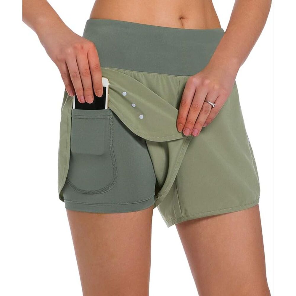 NWT Ksmien Women's 2 in 1 Running Shorts with Liner Phone Pockets in Olive Green